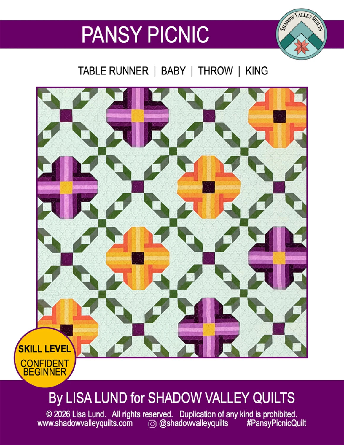 Pansy Picnic quilt pattern oversized pansy blocks ombre blooms table runner