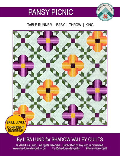 Pansy Picnic quilt pattern oversized pansy blocks ombre blooms table runner