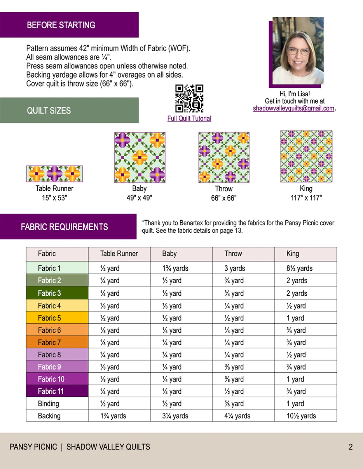 Pansy Picnic quilt pattern shown in throw size with vibrant ombre pansy blooms
