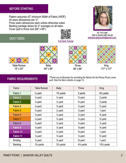 Pansy Picnic quilt pattern shown in throw size with vibrant ombre pansy blooms