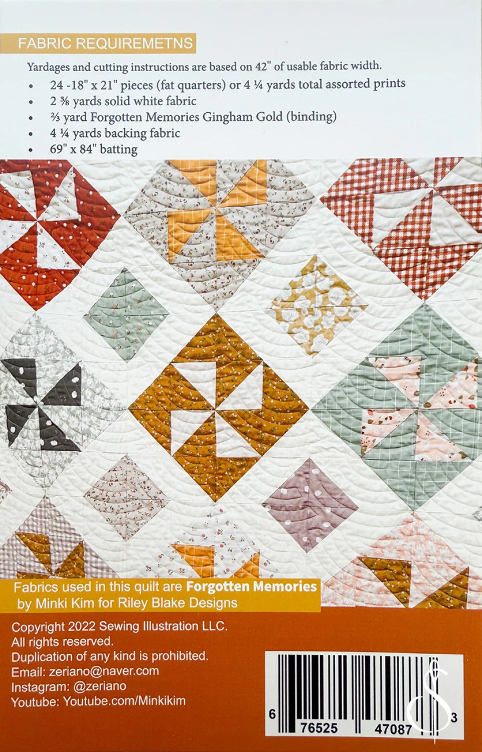 The Spin Me Around Quilt Pattern by Checker Distributor features geometric patchwork with half-square triangles in gold, yellow, red, peach, and white. Fabric requirements and copyright details appear above the quilt.