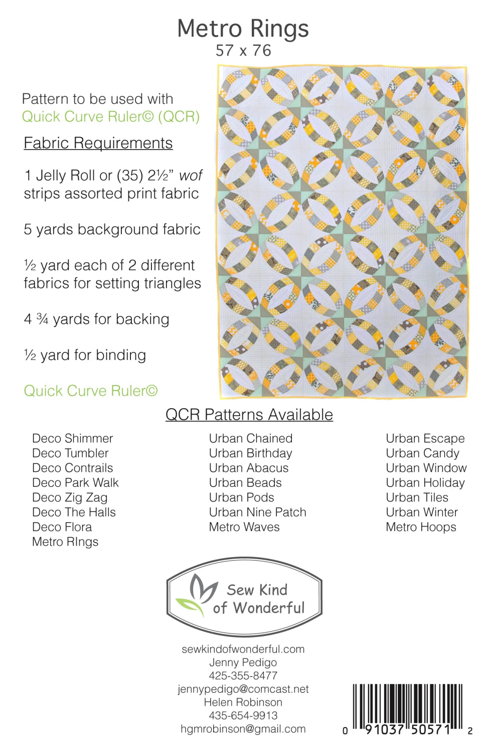 The cover shows a white quilt with interlocking yellow and gray rings, inspired by the Metro Rings Quick Curve Ruler Quilt Pattern. Includes fabric requirements, matching patterns, and Sew Kind of Wonderful contact info.