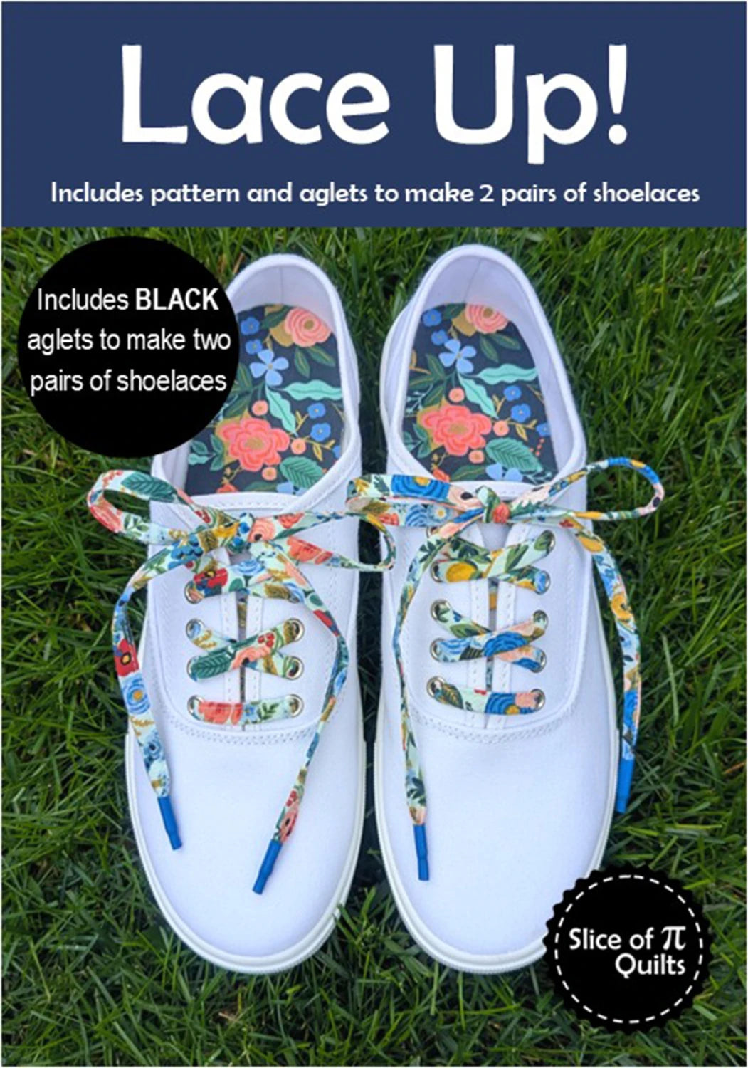 A pair of white sneakers with colorful fabric shoelaces on green grass. Text: Lace Up! by Checker Distributor—includes custom shoelace pattern and black aglets to make two pairs.