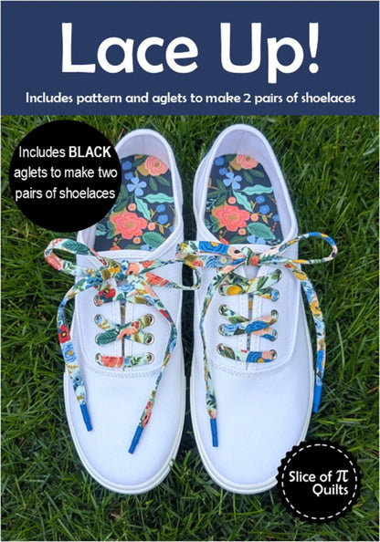 A pair of white sneakers with colorful fabric shoelaces on green grass. Text: Lace Up! by Checker Distributor—includes custom shoelace pattern and black aglets to make two pairs.