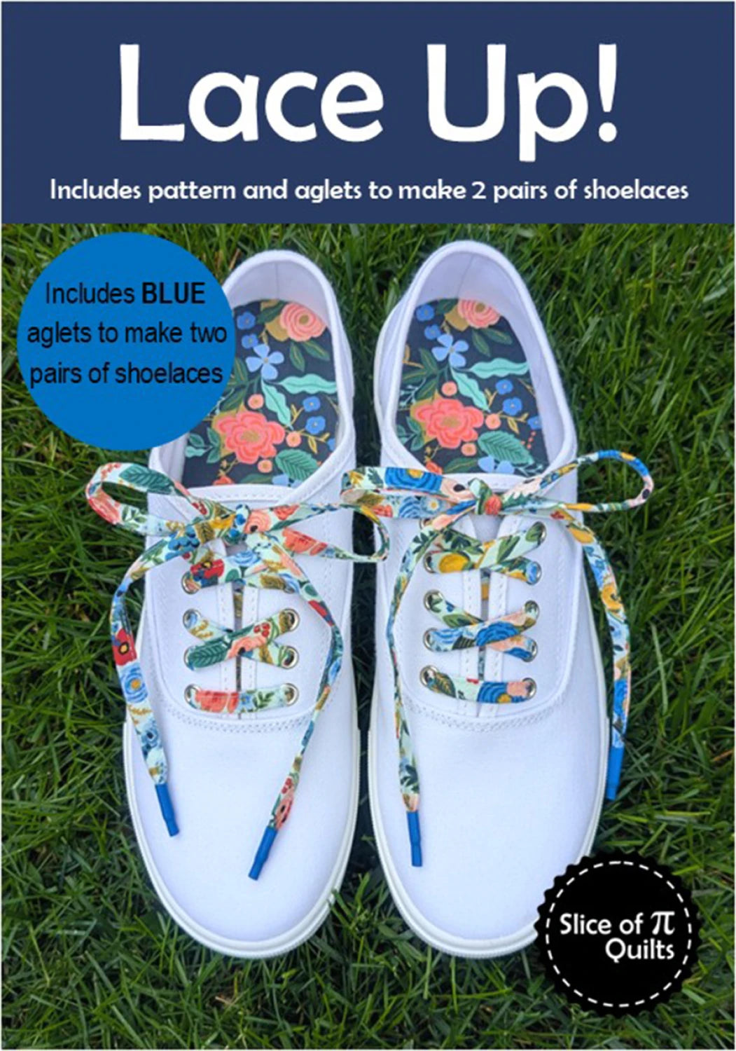 Pair of white sneakers on grass with colorful fabric shoelaces. Text above: Lace Up! by Checker Distributor. DIY kit includes shoelace patterns and blue aglets to make 2 custom pairs. Blue circle highlights the included blue aglets.
