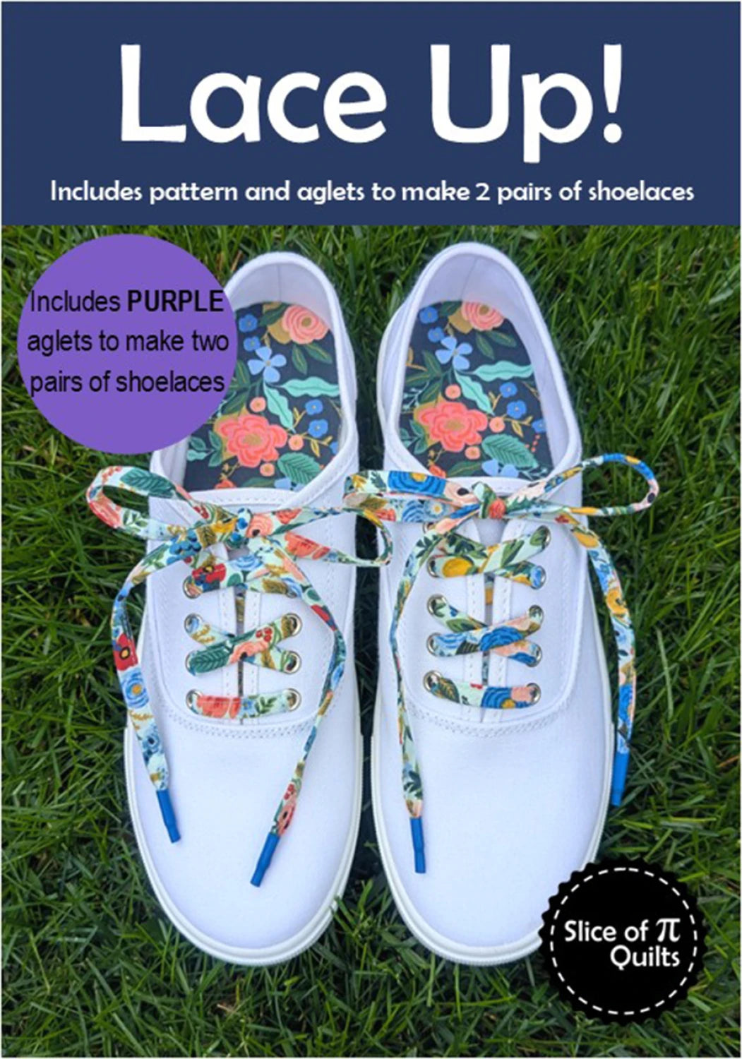 A pair of white sneakers with colorful fabric shoelaces sits on grass, showcasing Checker Distributor's "Lace Up!" kit by Slice of Pi Quilts, which includes DIY patterns and purple aglets to make two pairs of custom shoelaces.