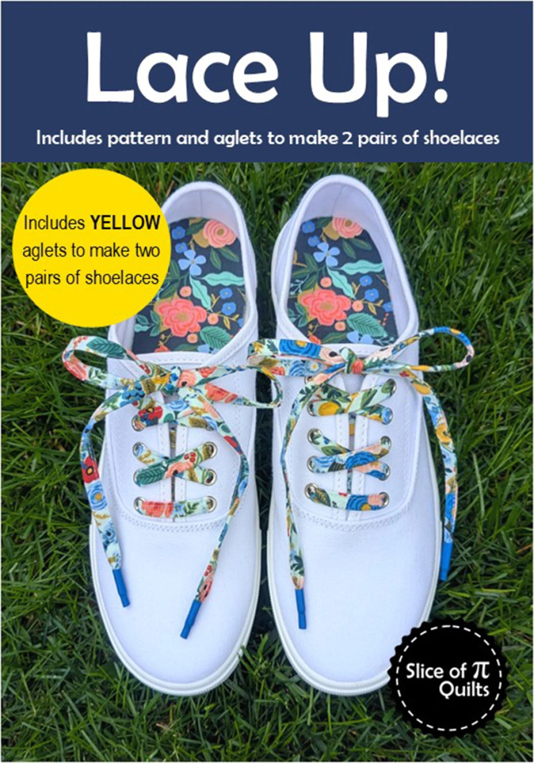A pair of white sneakers with colorful, floral shoelaces on green grass. Text above reads “Lace Up!” from Checker Distributor, featuring a DIY kit with a shoelace pattern and yellow aglets for two pairs of custom laces.