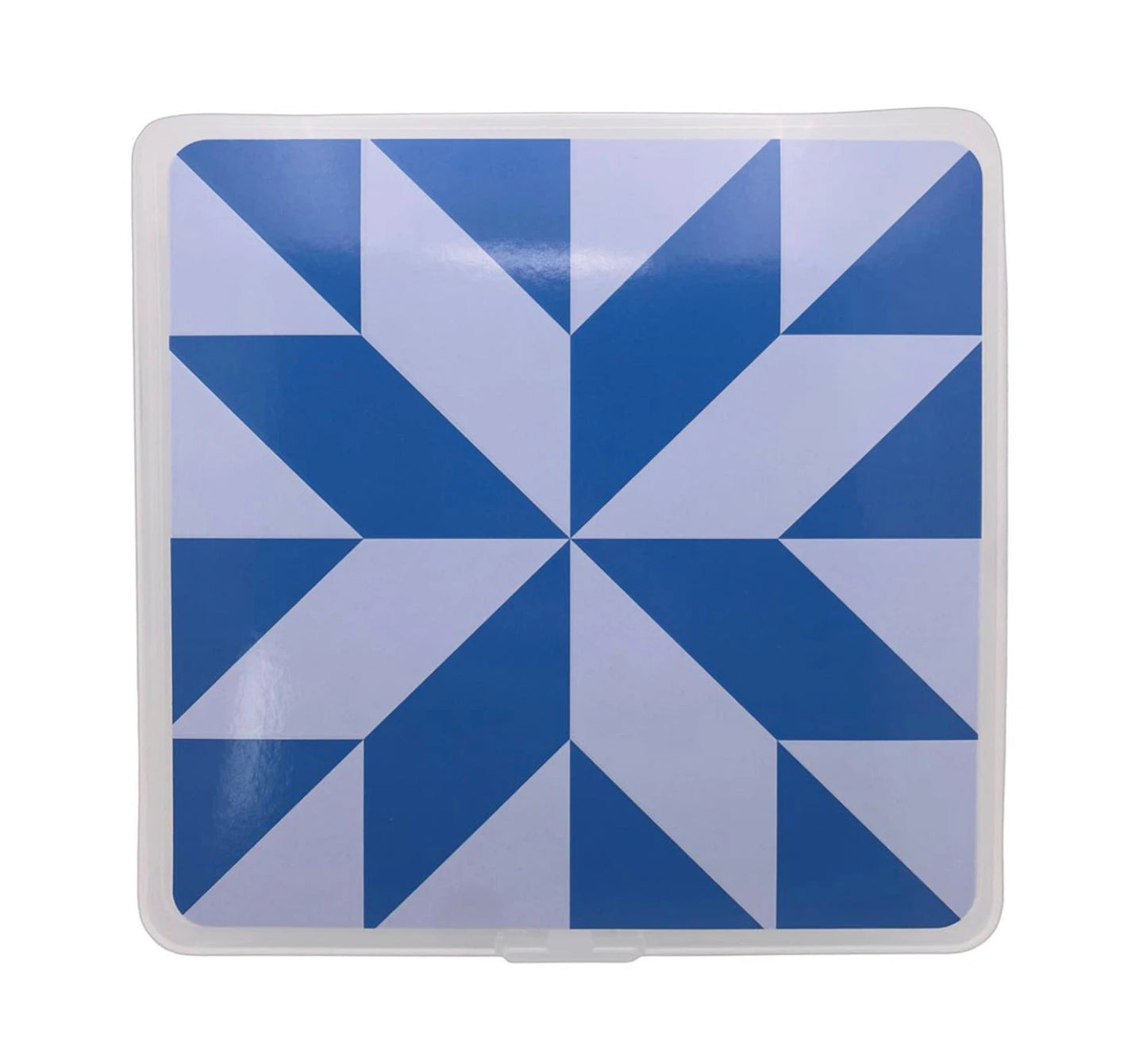 The Summit Street Storage Box - Bluebird by Checker Distributor features a square shape and a blue-and-white geometric pattern with large triangles in a starburst, quilt-inspired design.