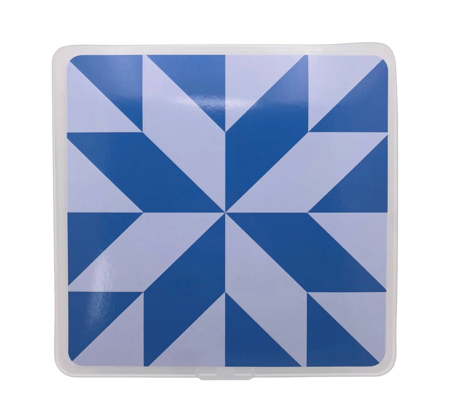 The Summit Street Storage Box - Bluebird by Checker Distributor features a square shape and a blue-and-white geometric pattern with large triangles in a starburst, quilt-inspired design.
