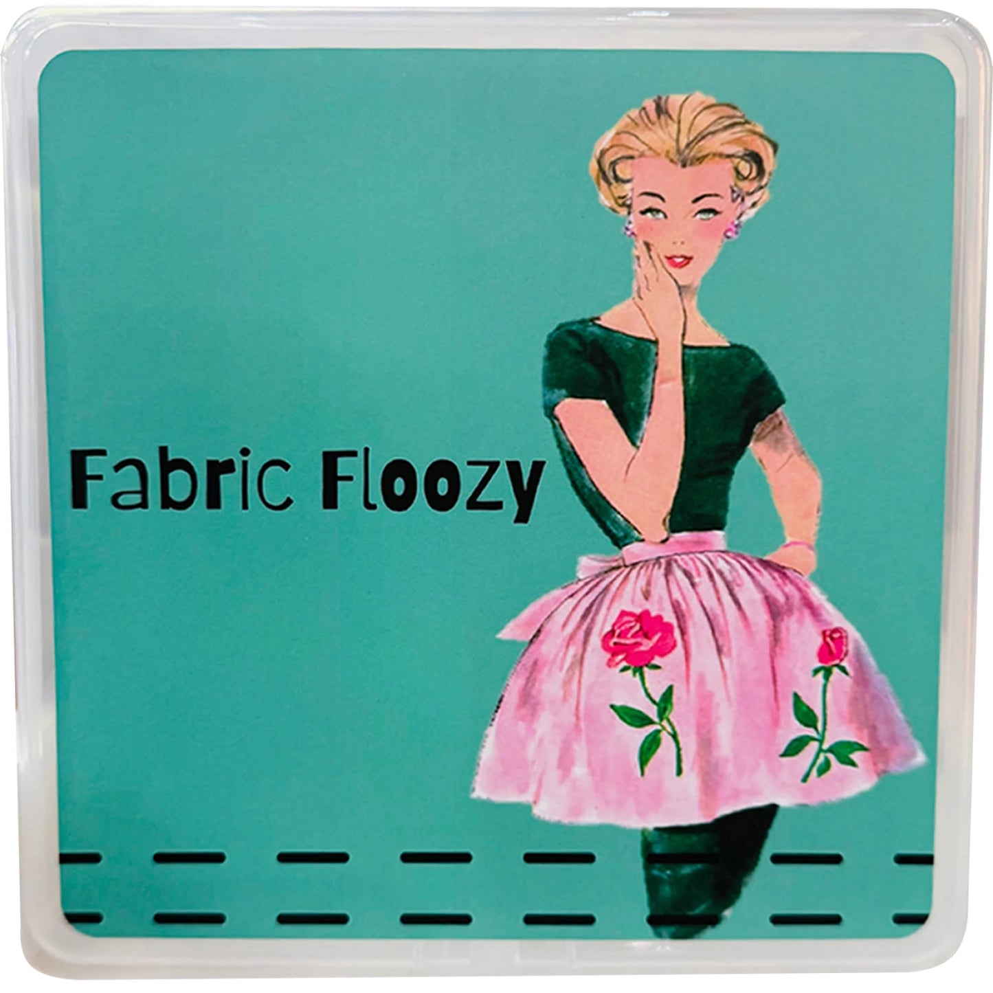 Illustration of a woman in a vintage dress and pink apron with flowers, on the Summit Street Storage Box - Fabric Floozy by Checker Distributor. Text reads "Fabric Floozy" on teal—ideal for any quilting supplies organizer lover.