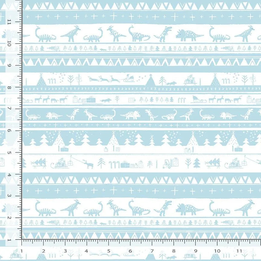 Dear Stella's "Don't Claus A Scene Ice Dino Fair Isle Stripe" fabric features light blue and white rows with dino skeletons, trees, and mountains. Two-inch rulers run along the left and bottom edges for easy measuring.