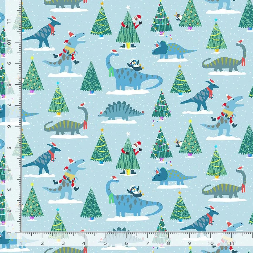 Don’t Claus A Scene Aquarius Elf This Fabric Yardage by Dear Stella features dinosaurs in Santa hats, Christmas trees, and penguins in scarves on snowy blue. Ruler shown at sides. Ideal for Dear Stella fans!.