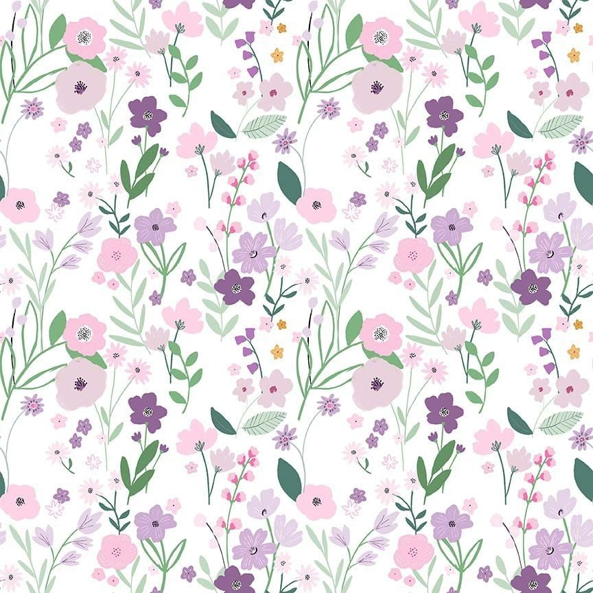 The Enchanted White Blooming Gorgeous Fabric Yardage by Dear Stella features a seamless floral pattern with pink, purple, and lavender flowers plus green leaves on white—perfect for adding a soft, springtime touch to quilting cotton projects.
