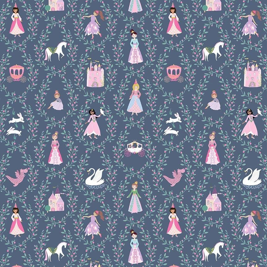 Enchanted Bijou Princess Trellis Fabric Yardage by Dear Stella features princesses, castles, crowns, dragons, and carriages with leafy wreaths on dark blue—perfect whimsy for quilting cotton projects.