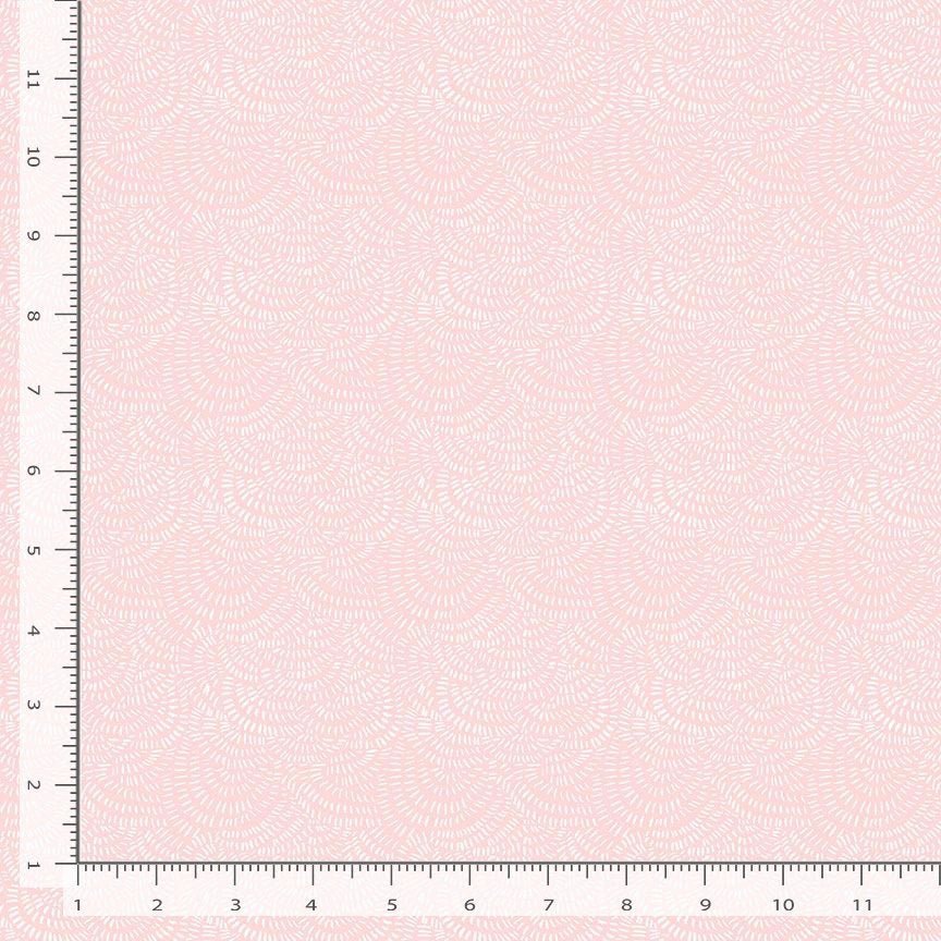 Crimp Primrose Fabric Yardage is a pale pink quilt fabric with a subtle white scallop pattern, shown with an inch ruler (up to 12") along the edges to display the design scale.