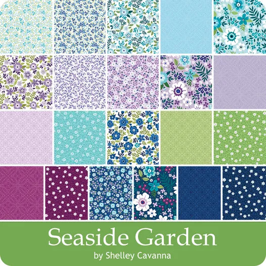 A set of 20 Seaside Garden 2-1/2" Strips by Benartex in blue, green, purple, and white florals and geometrics—ideal for quilting or pairing with the Seaside Garden jelly roll by Shelley Cavanna.
