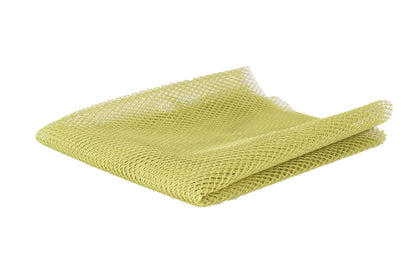 A folded piece of Mesh Lite Weight Apple Green fabric (18in x 54in) with a grid-like pattern, ideal for sewing projects, displayed on a white background.