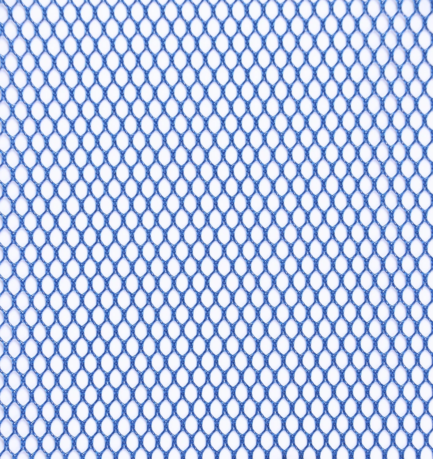 A close-up of Mesh Lite Weight Blastoff Blue 18in x 54in shows its hexagonal mesh with evenly spaced holes and a white background—ideal for bag pockets or sewing projects.