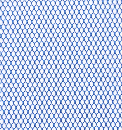 A close-up of Mesh Lite Weight Blastoff Blue 18in x 54in shows its hexagonal mesh with evenly spaced holes and a white background—ideal for bag pockets or sewing projects.