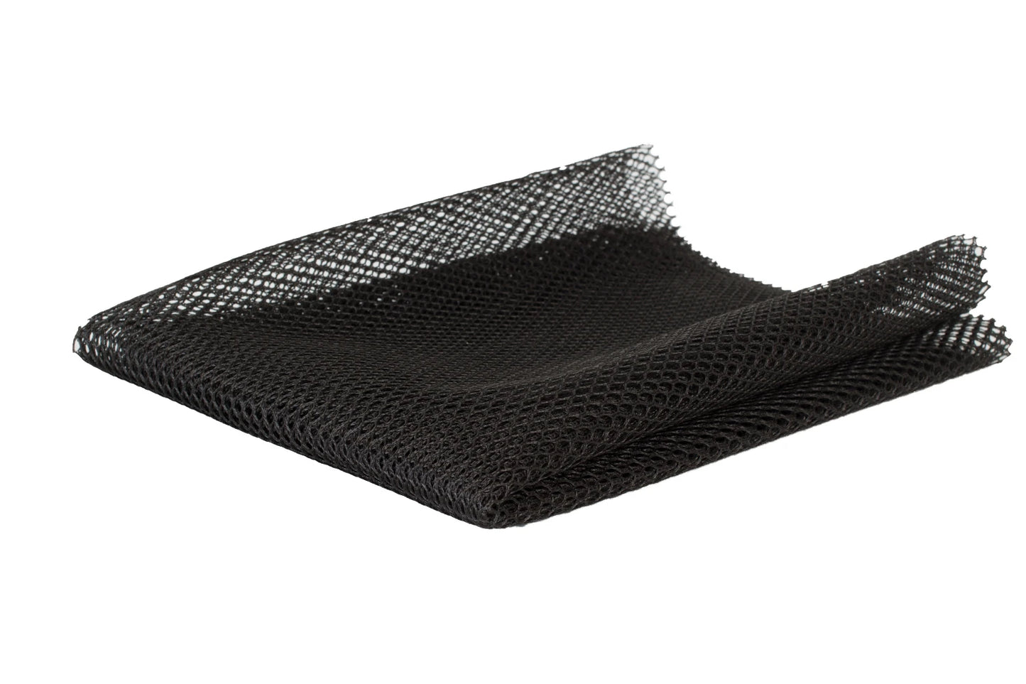 The Mesh Lite Weight Black 18in x 54in is a folded sheet of black polyester mesh with a grid pattern, shown on a white background—perfect for bag-making and creative projects.