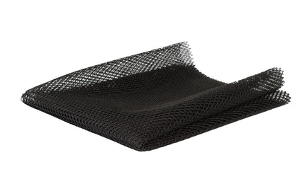 The Mesh Lite Weight Black 18in x 54in is a folded sheet of black polyester mesh with a grid pattern, shown on a white background—perfect for bag-making and creative projects.
