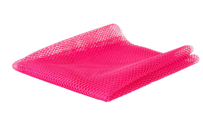Mesh Lite Weight Lipstick 18in x 54in is a bright pink, lightweight mesh fabric with evenly spaced holes and a see-through net texture, shown folded against a white background—ideal for creative sewing projects.