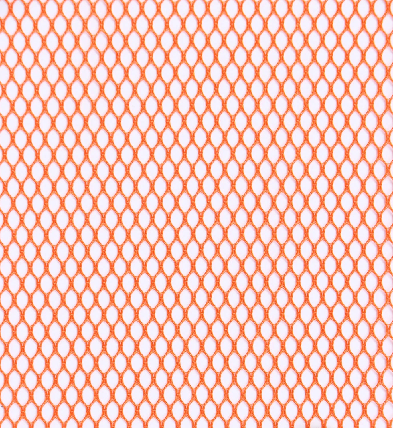 A close-up of Mesh Lite Weight Pumpkin 18in x 54in shows an orange hexagonal mesh pattern on white, creating a geometric design ideal for lightweight mesh sewing projects.