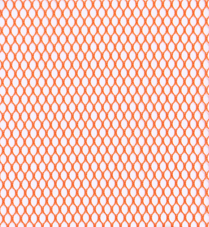 A close-up of Mesh Lite Weight Pumpkin 18in x 54in shows an orange hexagonal mesh pattern on white, creating a geometric design ideal for lightweight mesh sewing projects.