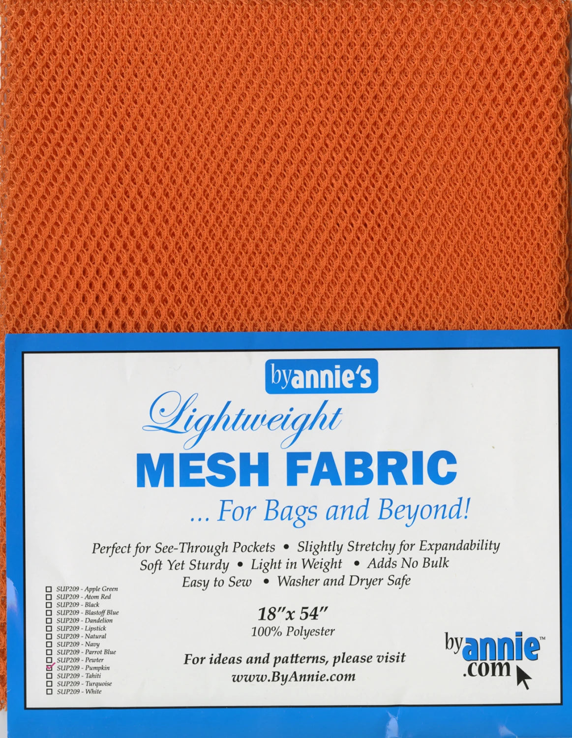 An 18in x 54in orange Mesh Lite Weight Pumpkin fabric is shown in packaging labeled byAnnies, with details on size, material, and recommended uses for bags and accessories. Perfect for sewing projects.