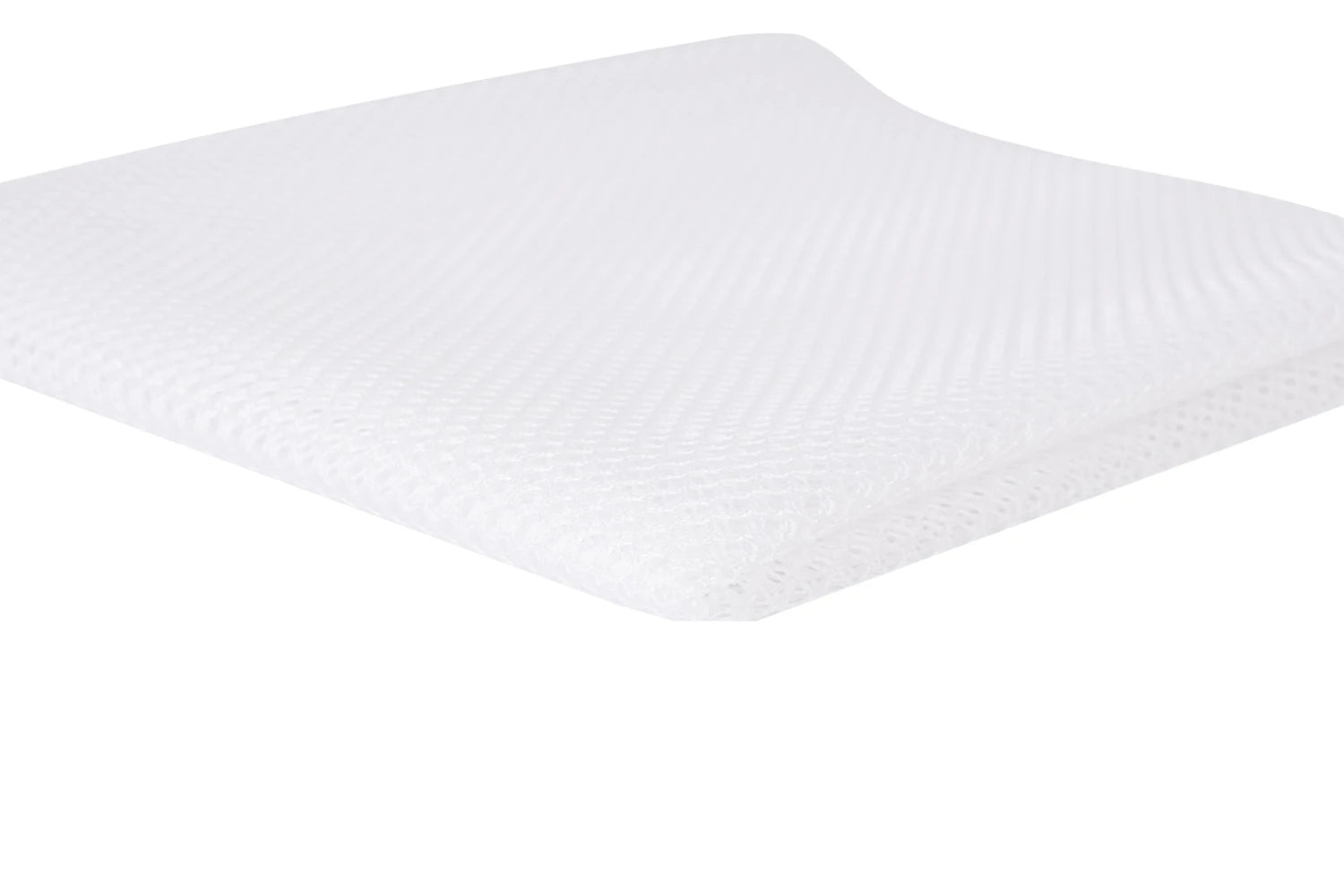 A close-up of Mesh Lite Weight White 18in x 54in shows its subtle, repeating pattern and lightweight, flexible texture—perfect for sewing projects—photographed against a plain white background.