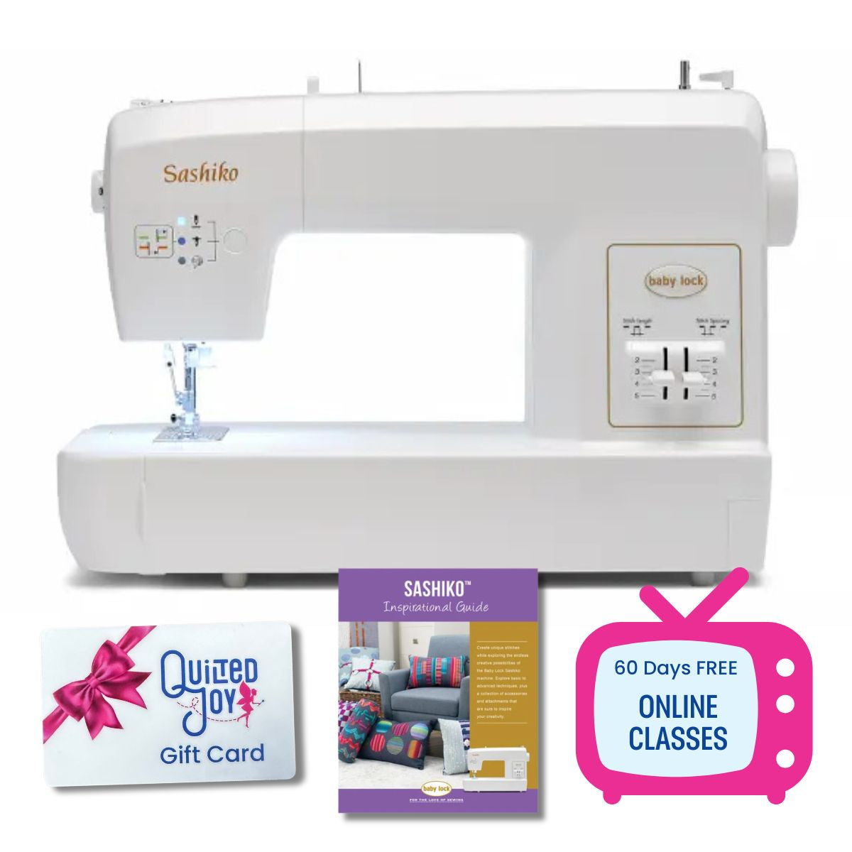 The Baby Lock Sashiko Machine by Baby Lock is displayed with a gift card, guide booklet, and a pink TV graphic highlighting 60 days of free online classes for creative hand stitching effects.