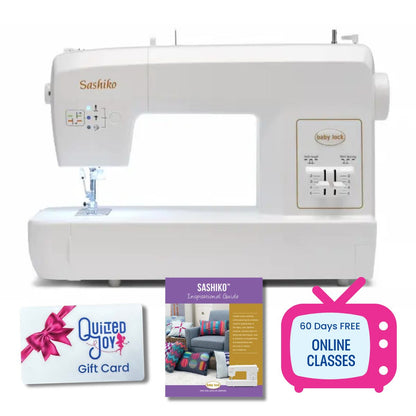 The Baby Lock Sashiko Machine by Baby Lock is displayed with a gift card, guide booklet, and a pink TV graphic highlighting 60 days of free online classes for creative hand stitching effects.