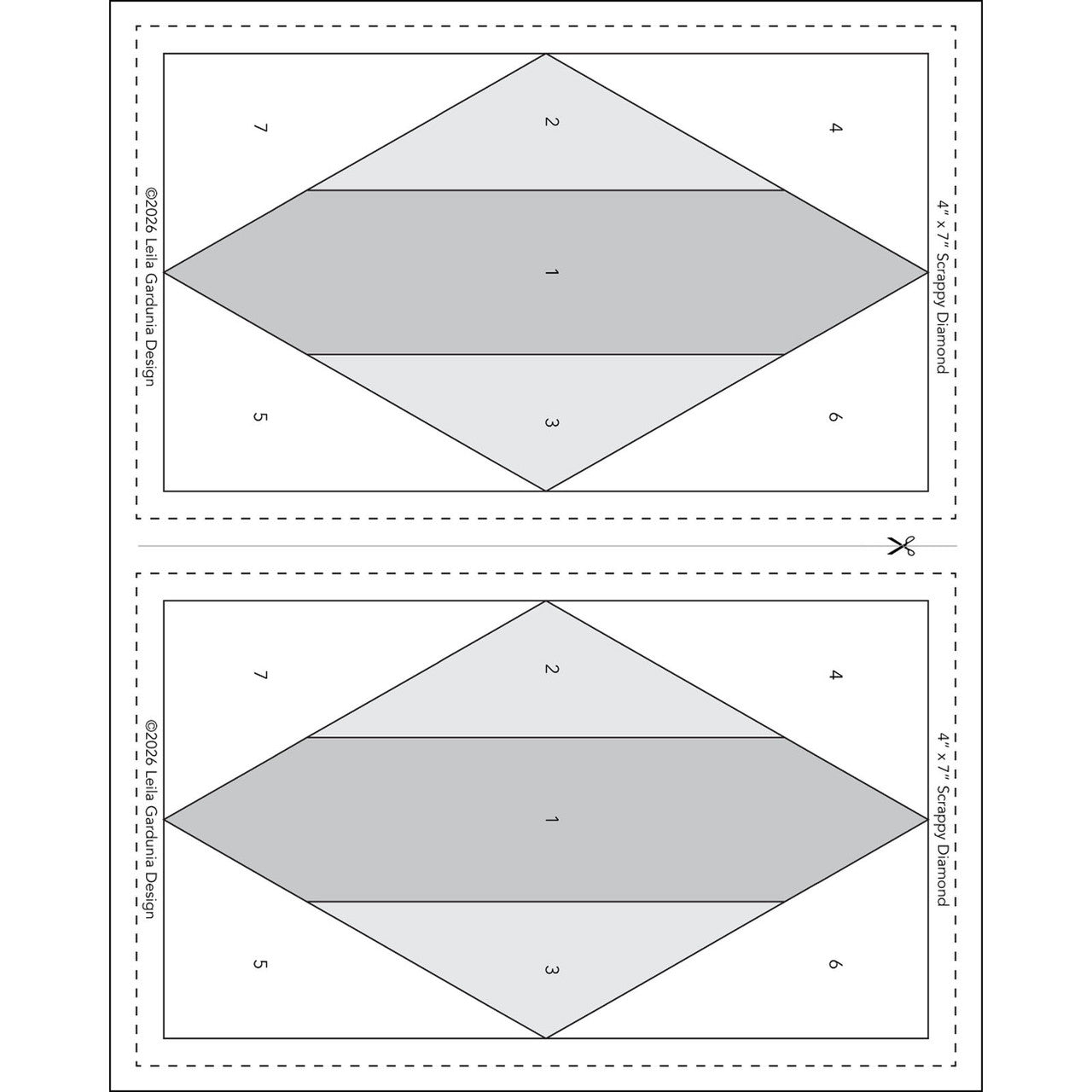 Two printable quilt blocks, each with numbered sections and dashed cut lines, are shown side by side. Both templates from Checker Distributor's Scrappy Diamonds Foundation Pad have a central diamond shape, ideal for foundation paper piecing.