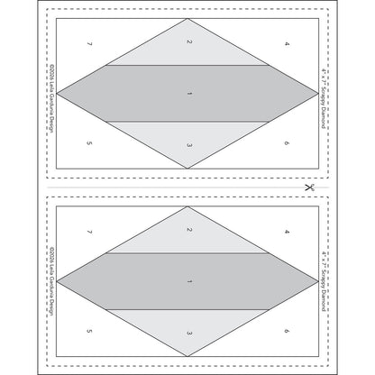 Two printable quilt blocks, each with numbered sections and dashed cut lines, are shown side by side. Both templates from Checker Distributor's Scrappy Diamonds Foundation Pad have a central diamond shape, ideal for foundation paper piecing.