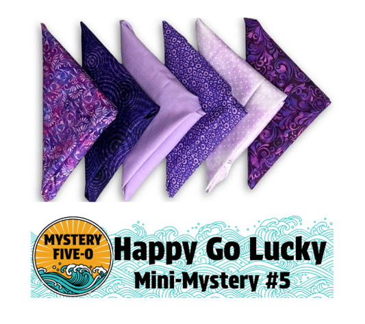 Six folded purple-patterned fabrics from the Quilted Joy Mystery Five-0 Sugar Plum Dreams "Happy Go Lucky" Fat Quarter Bundle are arranged above the text Happy Go Lucky Mini-Mystery #5 and a circular MYSTERY FIVE-O logo with sunrise and ocean waves.