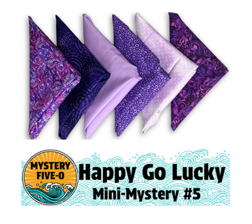 Six folded purple and lavender fabrics are arranged in a row above the colorful Quilted Joy logo and the words “Mystery Five-0 Sugar Plum Dreams ‘Happy Go Lucky’ Quilt Kit,” perfect for your next mini mystery quilt project.