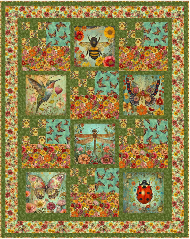 The Enchanted Canopy Quilt Kit by Quilted Joy features whimsical squares with butterflies, a bee, hummingbird, ladybug, and flowers, accented with floral borders and green butterfly sections for a charming nature-inspired design.
