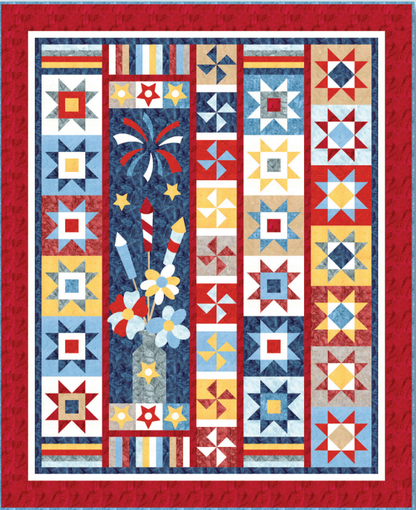 The Quilted Joy Spangled Blooms Quilt Kit features star and pinwheel patterns in red, blue, yellow, and white with a fireworks, flowers, and stripes center—ideal for a patriotic quilt bordered by bold red.
