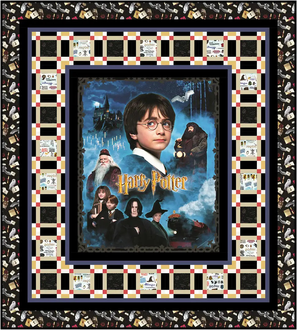 The Simple Spells Quilt Pattern by Checker Distributor is a beginner-friendly throw featuring Harry Potter characters and Hogwarts-themed illustrations, with patterned borders showcasing scenes from around Hogwarts.