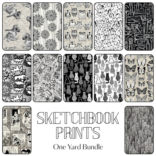 Sketchbook Prints one yard fabric bundle with artistic illustration prints