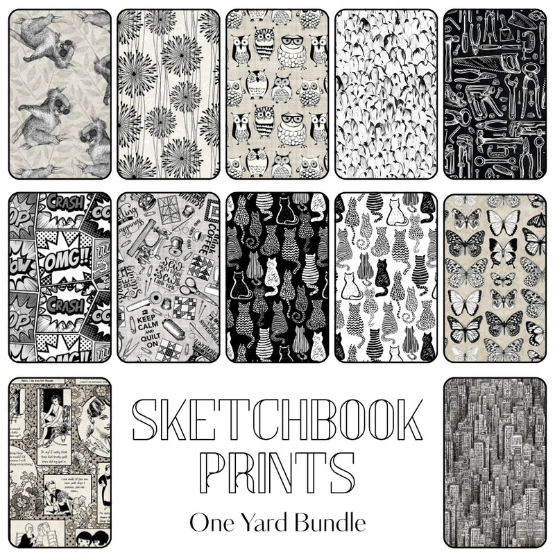 Sketchbook Prints one yard fabric bundle with artistic illustration prints