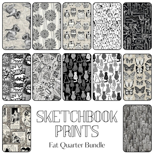 Sketchbook Prints fat quarter fabric bundle with artistic illustration prints