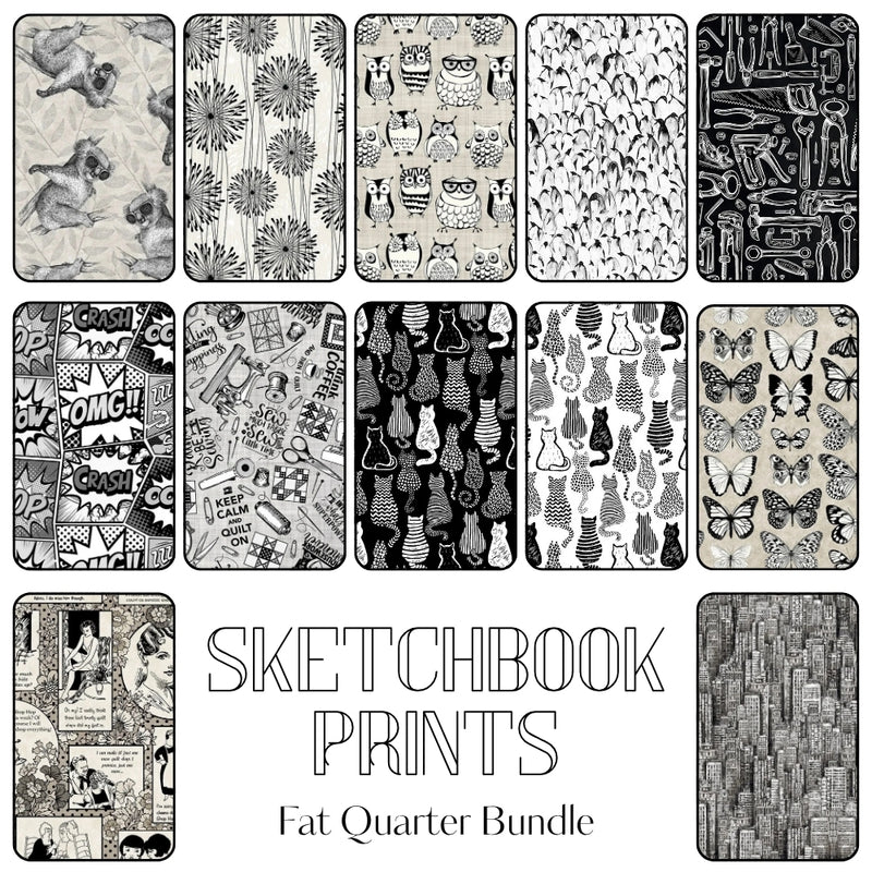 Sketchbook Prints fat quarter fabric bundle with artistic illustration prints