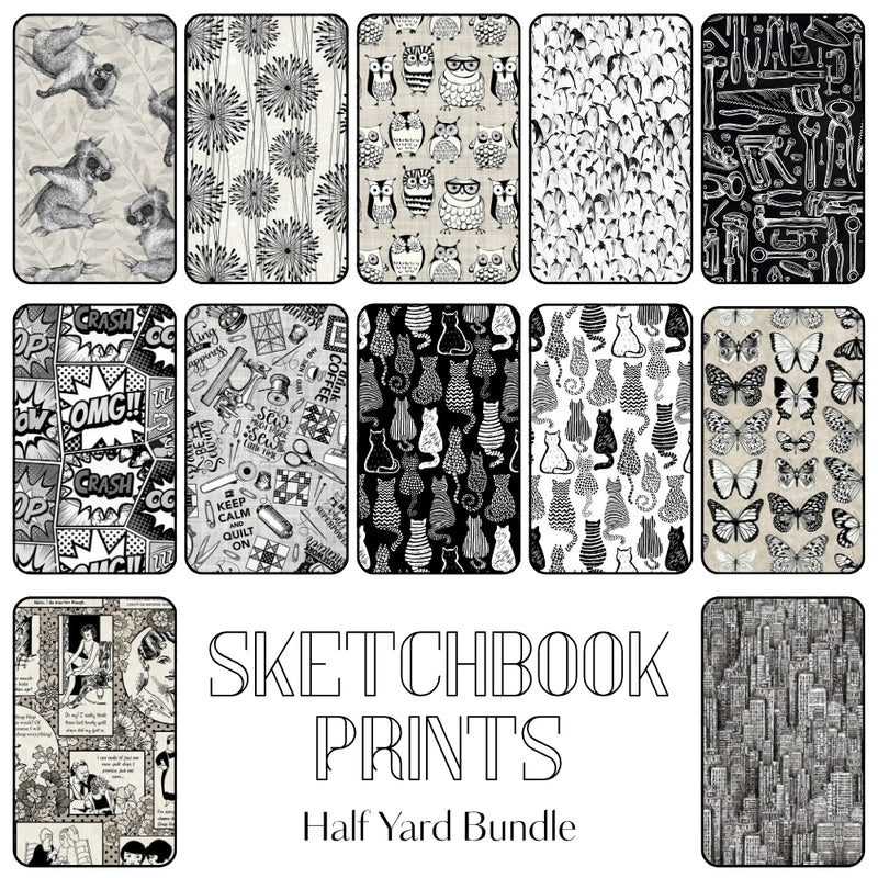 Sketchbook Prints half yard fabric bundle with artistic illustration prints