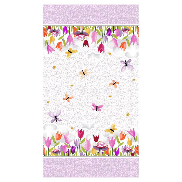 Sloane the Snail Border Print Fabric Yardage by Clothworks Fabric features colorful flowers, butterflies, bees, and mushrooms on white with tiny dots and a light purple patterned border—perfect for garden nursery or Susybee-style projects.