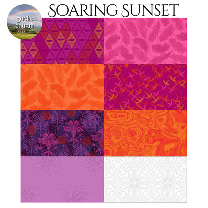 Soaring Sunset fabric swatches showing warm orange and gold colorways for quilt kit