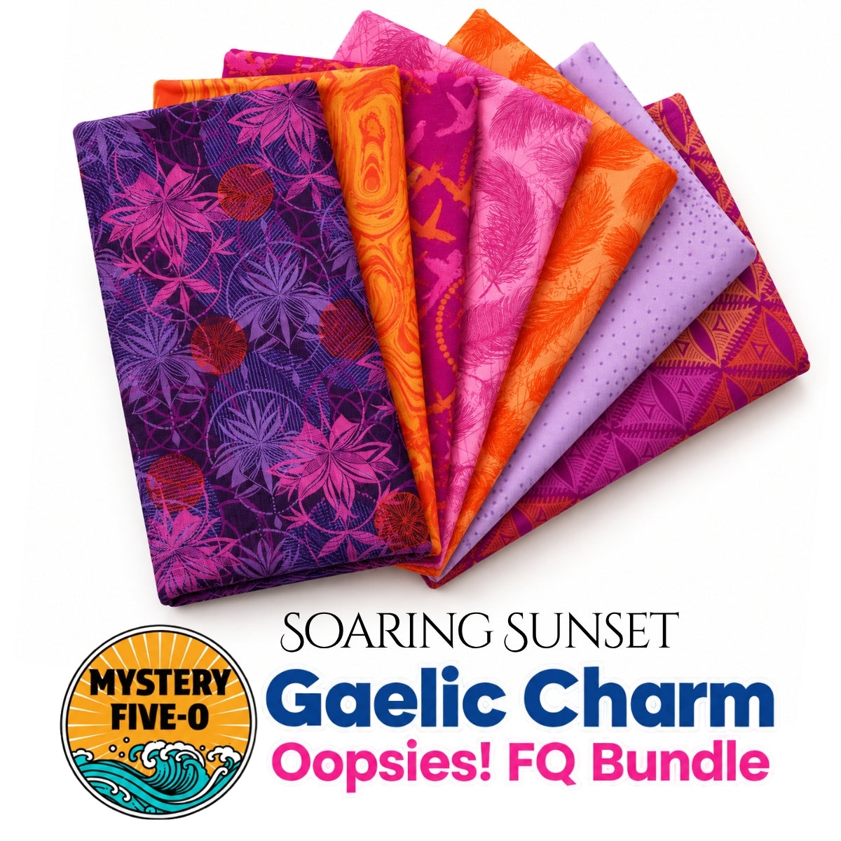 Mystery Five-0 Soaring Sunset Oopsies fat quarter bundle with orange gold assorted fabrics