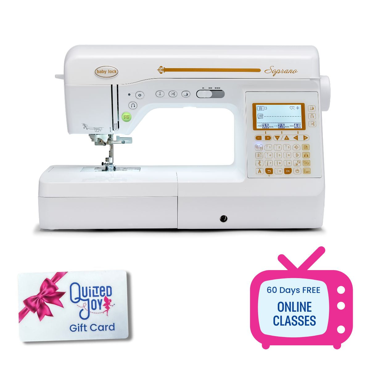 The Baby Lock Soprano Sewing & Quilting Machine in white is shown with a digital display, Quilted Joy gift card, 60 days of free online classes, and an exclusive Black Friday Bonus Bundle.