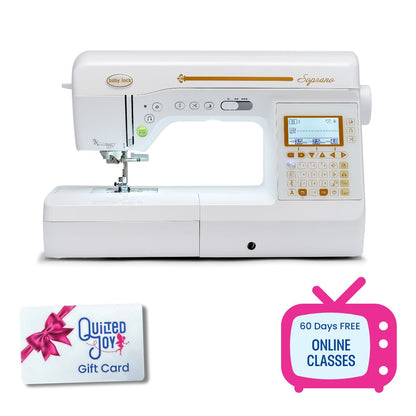 The Baby Lock Soprano Sewing & Quilting Machine in white is shown with a digital display, Quilted Joy gift card, 60 days of free online classes, and an exclusive Black Friday Bonus Bundle.