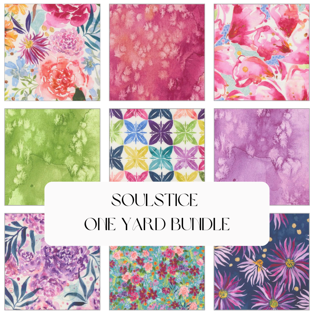 A grid of nine vibrant, floral and abstract quilting fabrics in pink, purple, green, and multicolor from United Notions. The center displays "Soulstice One Yard Bundle - PRESALE" in black text on a white background.